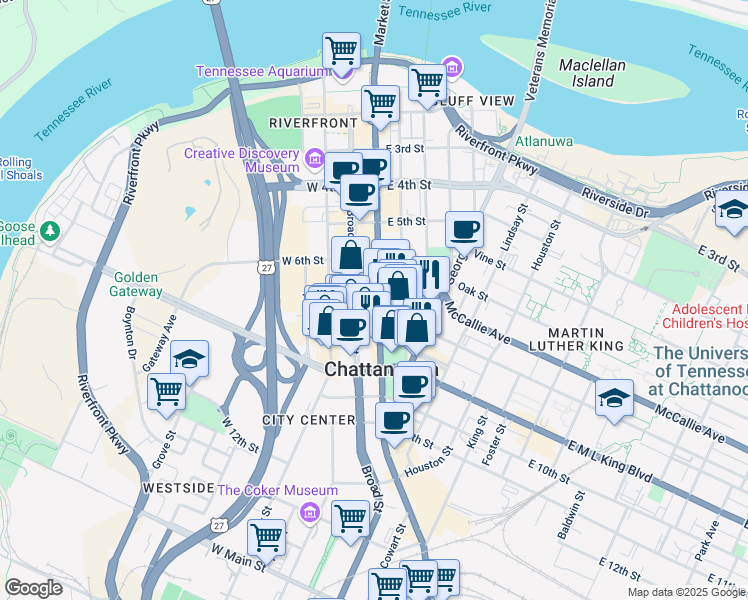 map of restaurants, bars, coffee shops, grocery stores, and more near 736 Market Street in Chattanooga