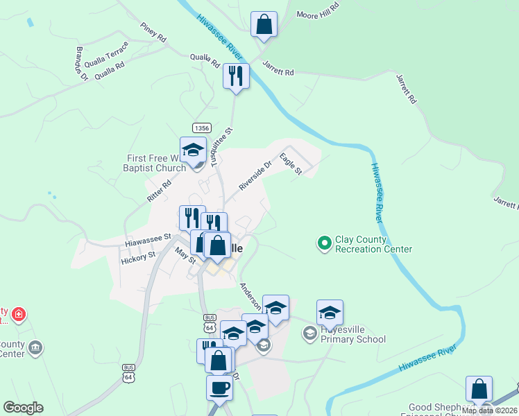 map of restaurants, bars, coffee shops, grocery stores, and more near 51 Riverwalk Circle in Hayesville