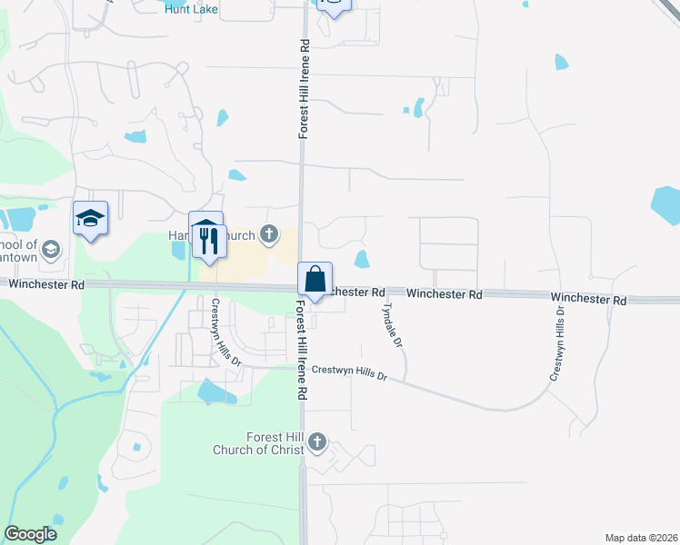 map of restaurants, bars, coffee shops, grocery stores, and more near 3676 Forest Hill Irene Road in Germantown