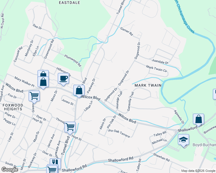 map of restaurants, bars, coffee shops, grocery stores, and more near 1635 Dogwood Drive in Chattanooga