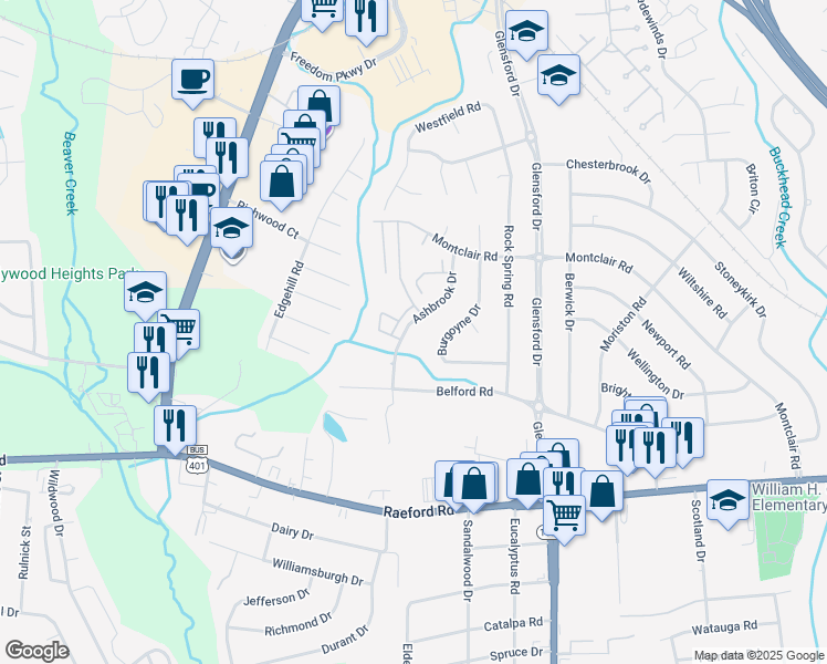 map of restaurants, bars, coffee shops, grocery stores, and more near 734 Burgoyne Drive in Fayetteville
