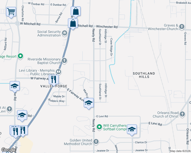 map of restaurants, bars, coffee shops, grocery stores, and more near 3651 Southland Street in Memphis