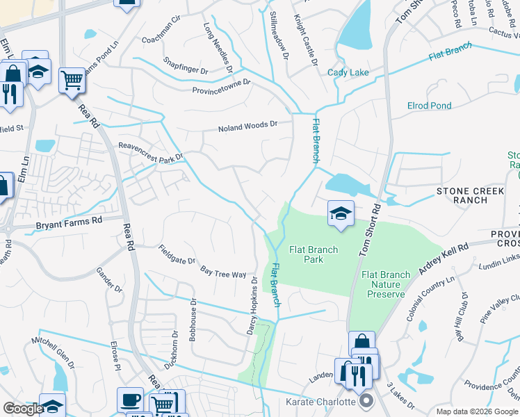 map of restaurants, bars, coffee shops, grocery stores, and more near 12031 Richport Drive in Charlotte