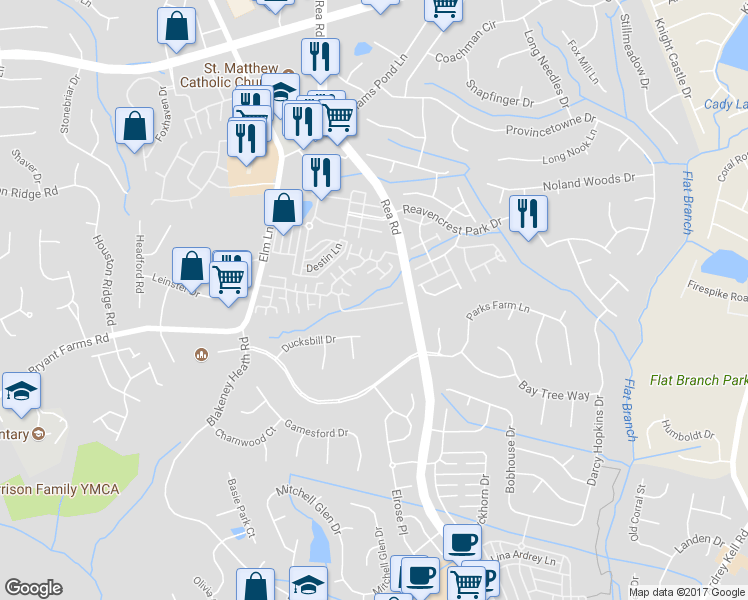 map of restaurants, bars, coffee shops, grocery stores, and more near 9009 Grand Oak Drive in Charlotte