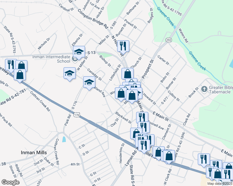 map of restaurants, bars, coffee shops, grocery stores, and more near 156 Wingo Street in Inman