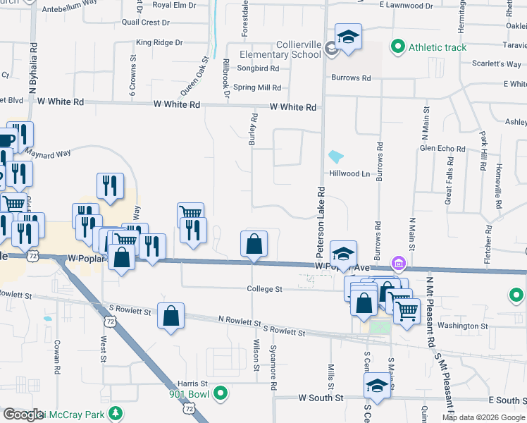 map of restaurants, bars, coffee shops, grocery stores, and more near 278 Andrew Way Road in Collierville