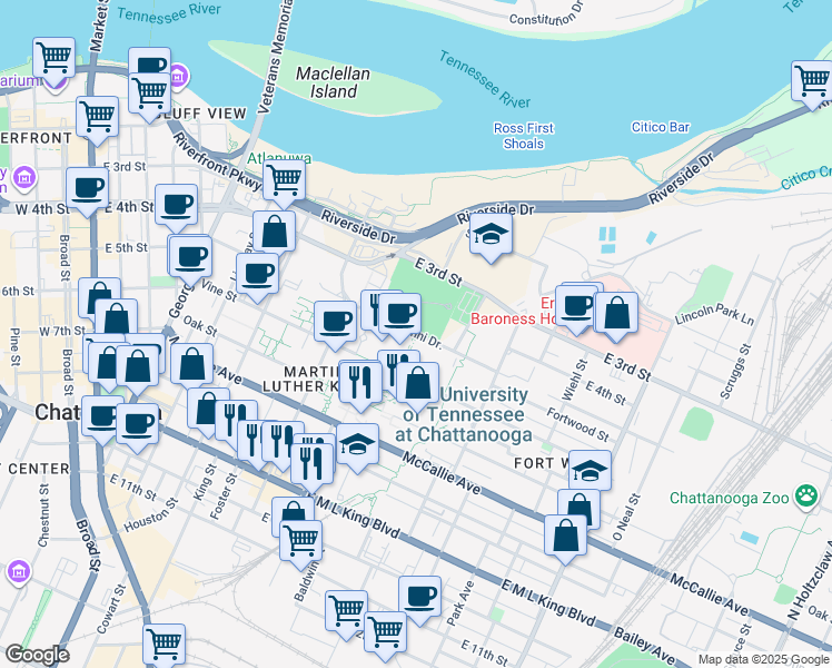 map of restaurants, bars, coffee shops, grocery stores, and more near 720 East 5th Street in Chattanooga