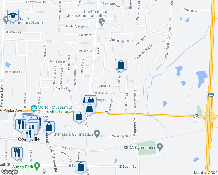 map of restaurants, bars, coffee shops, grocery stores, and more near 479 Duscoe Street in Collierville