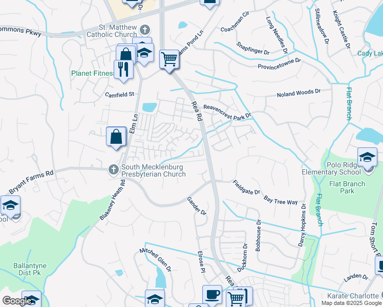 map of restaurants, bars, coffee shops, grocery stores, and more near 9005 Grand Oak Drive in Charlotte