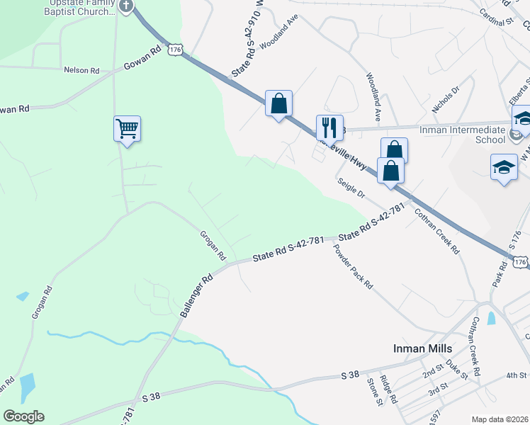 map of restaurants, bars, coffee shops, grocery stores, and more near 131 Dogwood Lane in Inman