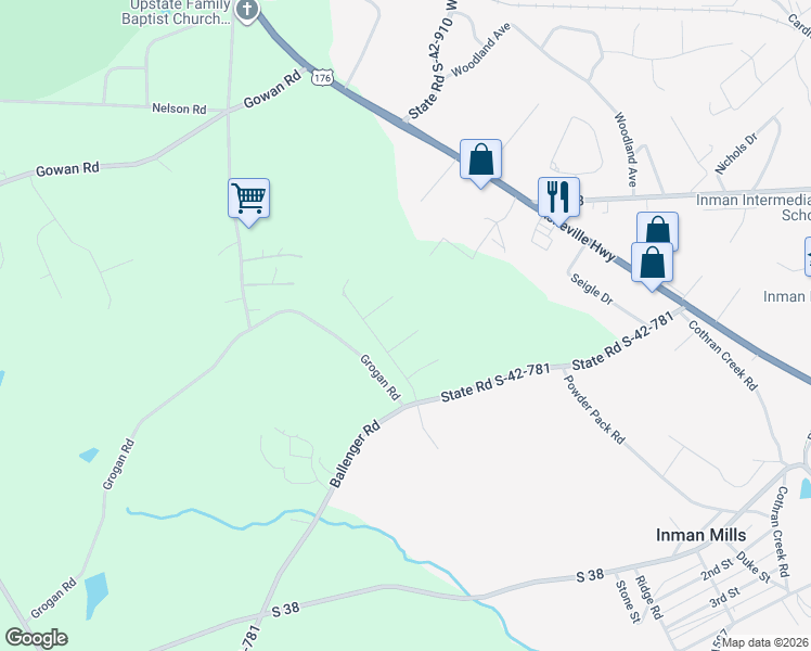 map of restaurants, bars, coffee shops, grocery stores, and more near 124 Pine Tree Lane in Inman