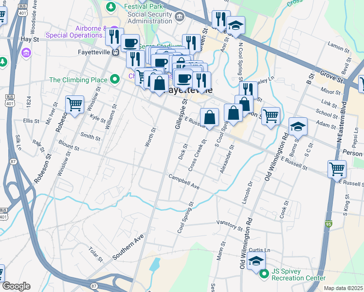 map of restaurants, bars, coffee shops, grocery stores, and more near 249 Gillespie St in Fayetteville