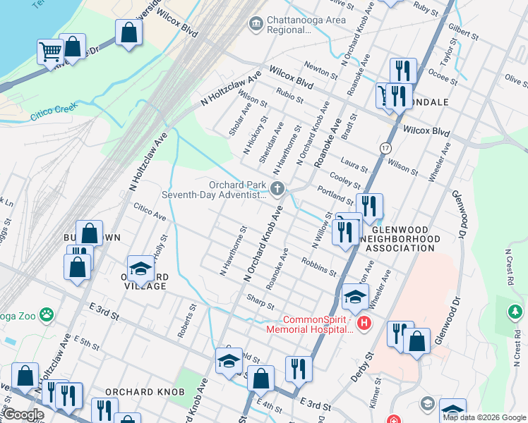 map of restaurants, bars, coffee shops, grocery stores, and more near 1811 Milne Street in Chattanooga