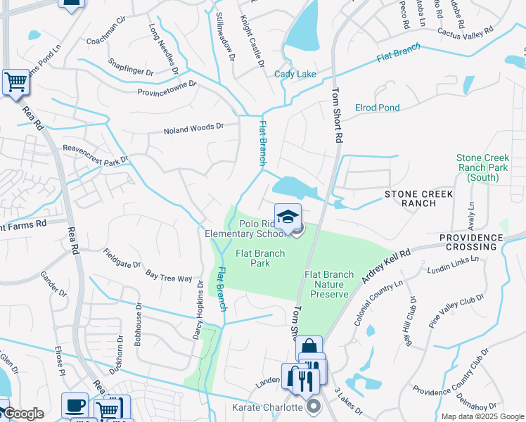 map of restaurants, bars, coffee shops, grocery stores, and more near 7937 Honey Fig Road in Charlotte