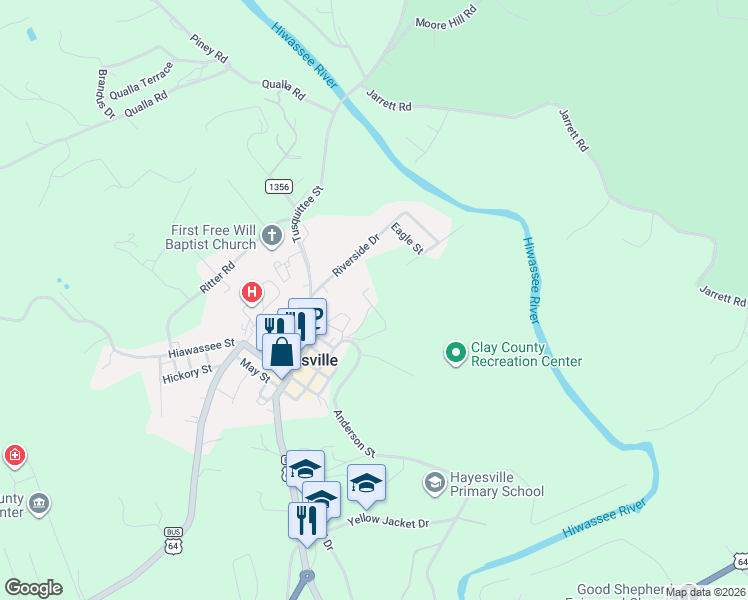 map of restaurants, bars, coffee shops, grocery stores, and more near 8 Riverwalk Drive in Hayesville