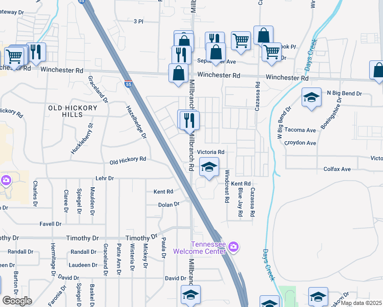 map of restaurants, bars, coffee shops, grocery stores, and more near 3649 Millbranch Road in Memphis