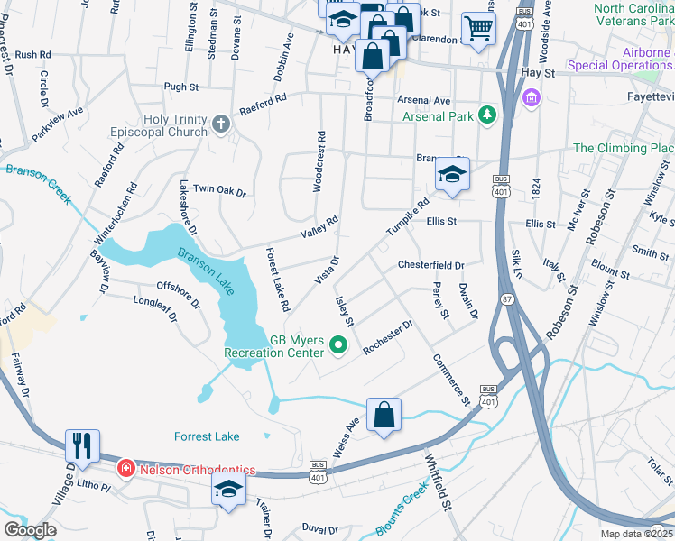 map of restaurants, bars, coffee shops, grocery stores, and more near 509 Vista Drive in Fayetteville