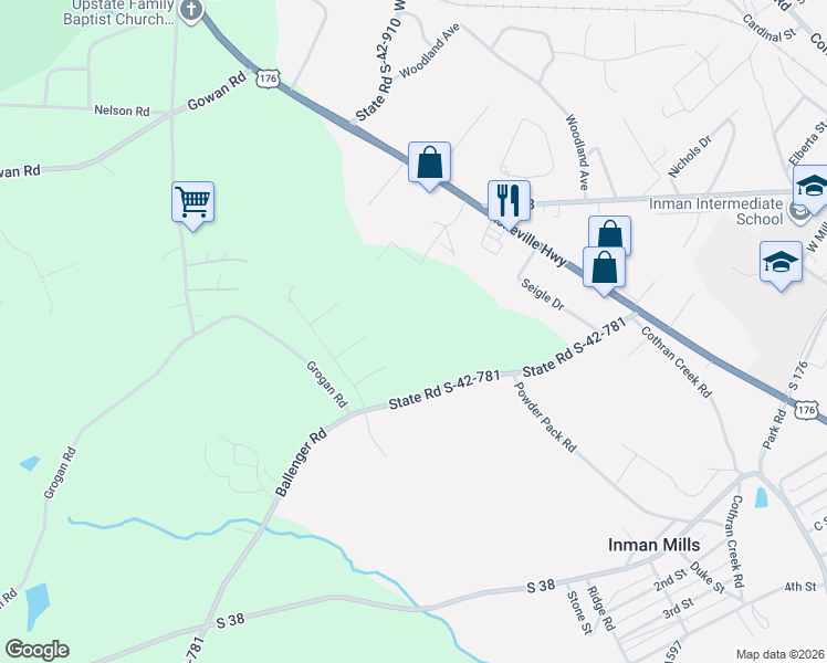 map of restaurants, bars, coffee shops, grocery stores, and more near 77 Indy Lane in Inman