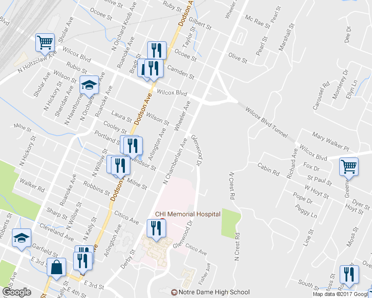 map of restaurants, bars, coffee shops, grocery stores, and more near 2490 Laura Street in Chattanooga