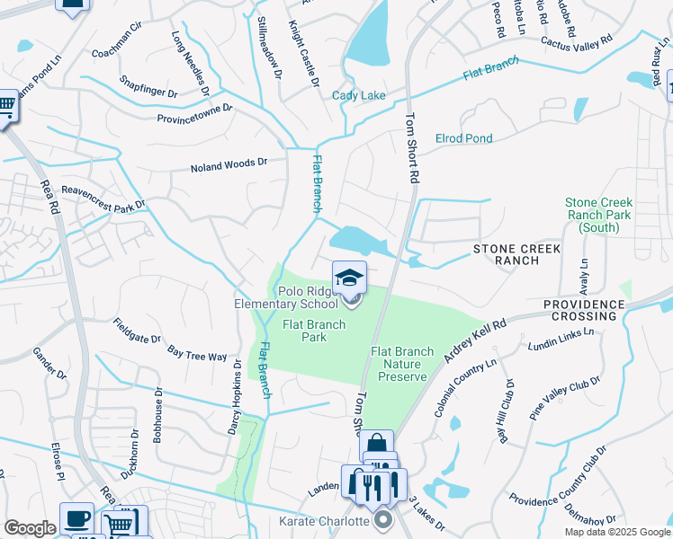 map of restaurants, bars, coffee shops, grocery stores, and more near 7315 Firespike Road in Charlotte