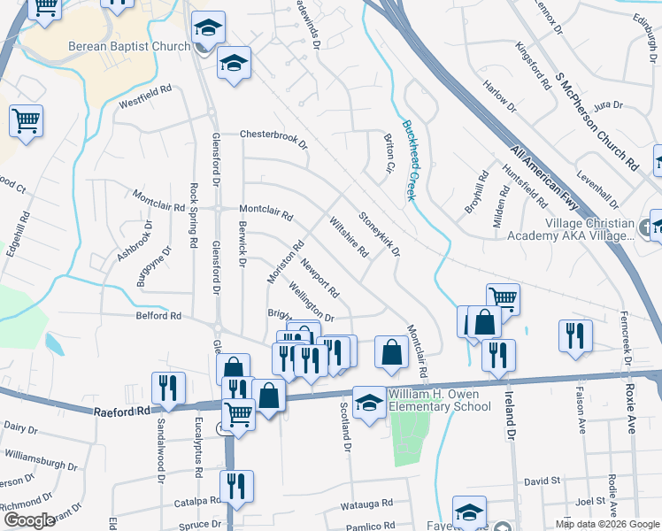 map of restaurants, bars, coffee shops, grocery stores, and more near 738-742 Wiltshire Road in Fayetteville