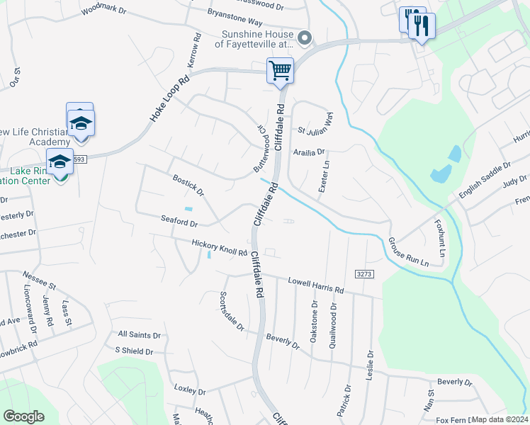 map of restaurants, bars, coffee shops, grocery stores, and more near 8901 Cliffdale Road in Fayetteville