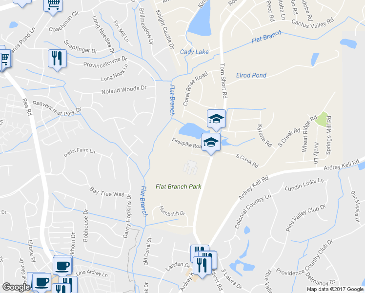 map of restaurants, bars, coffee shops, grocery stores, and more near 7315 Firespike Road in Charlotte