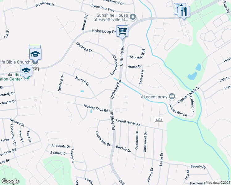 map of restaurants, bars, coffee shops, grocery stores, and more near 8901 Cliffdale Road in Fayetteville
