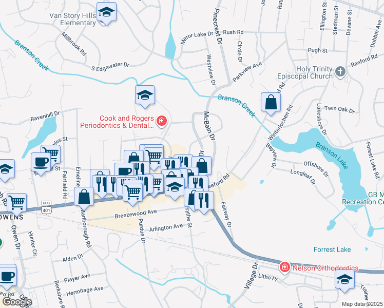 map of restaurants, bars, coffee shops, grocery stores, and more near 455 McRae Drive in Fayetteville