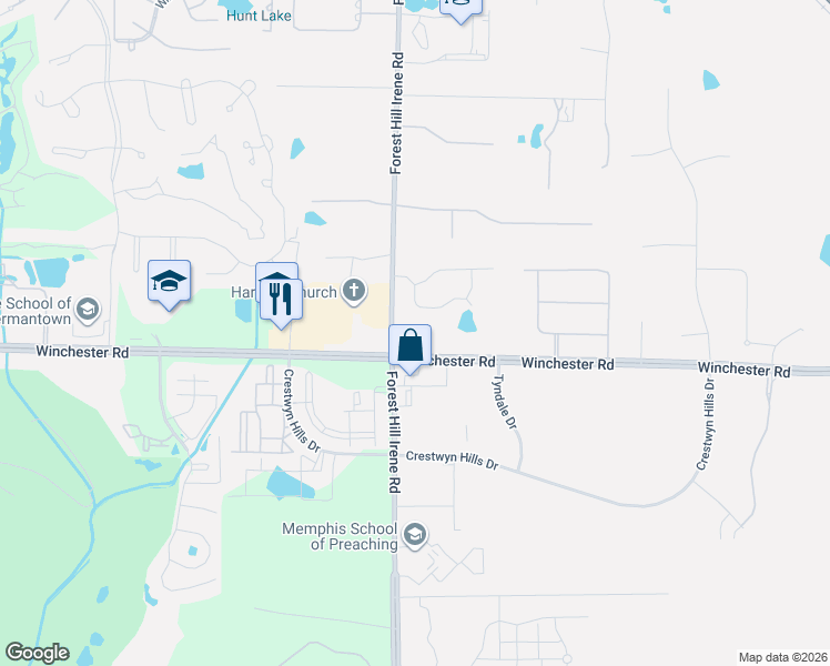 map of restaurants, bars, coffee shops, grocery stores, and more near 3676 Forest Hill Irene Road in Germantown