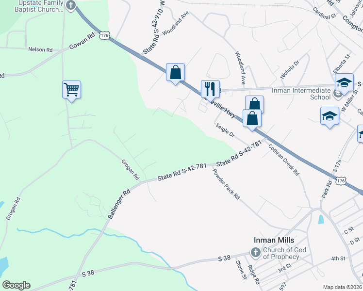 map of restaurants, bars, coffee shops, grocery stores, and more near 3 Ballenger Road in Inman