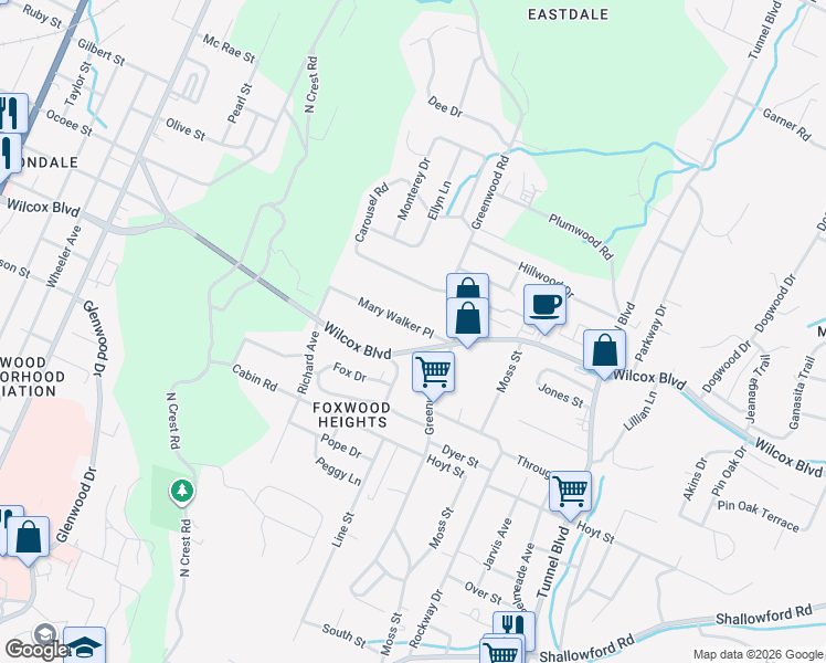 map of restaurants, bars, coffee shops, grocery stores, and more near 3103 Mary Walker Place in Chattanooga