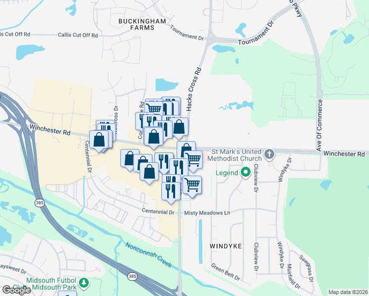 map of restaurants, bars, coffee shops, grocery stores, and more near Winchester Rd & Hacks Cross Rd in Memphis