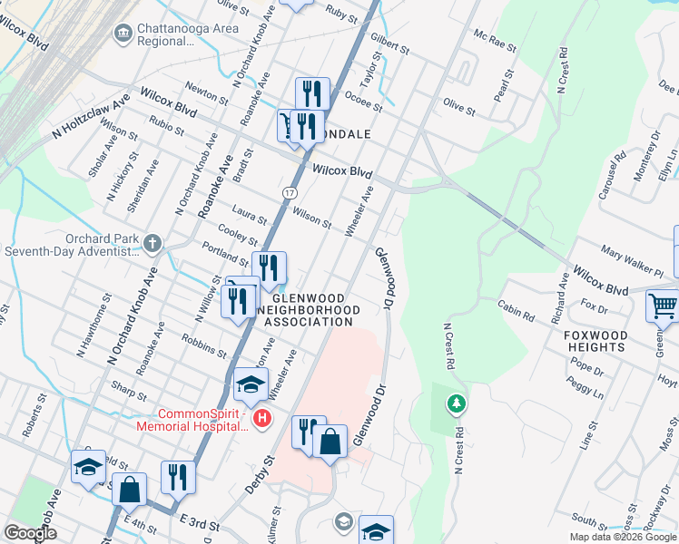 map of restaurants, bars, coffee shops, grocery stores, and more near 1211 North Chamberlain Avenue in Chattanooga