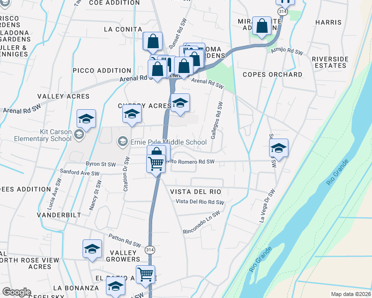 map of restaurants, bars, coffee shops, grocery stores, and more near 1842 Family Road Southwest in Albuquerque
