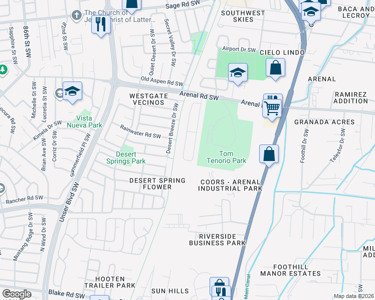 map of restaurants, bars, coffee shops, grocery stores, and more near 1901 Tierra De La Luna Drive Southwest in Albuquerque