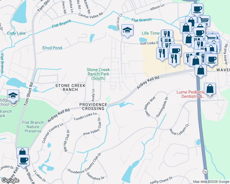 map of restaurants, bars, coffee shops, grocery stores, and more near 8235 Cornhill Avenue in Charlotte