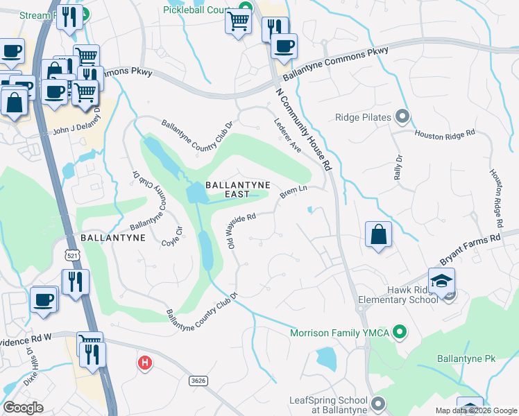 map of restaurants, bars, coffee shops, grocery stores, and more near 10529 Flennigan Way in Charlotte