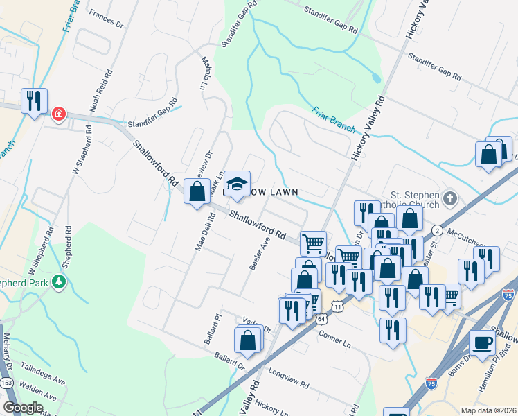 map of restaurants, bars, coffee shops, grocery stores, and more near 2312 David Circle in Chattanooga
