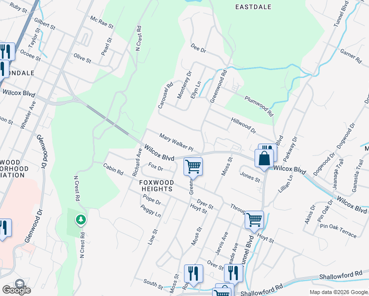 map of restaurants, bars, coffee shops, grocery stores, and more near 3103 Mary Walker Place in Chattanooga