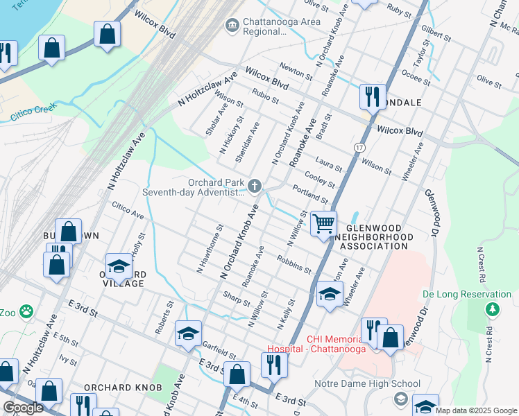 map of restaurants, bars, coffee shops, grocery stores, and more near in Chattanooga