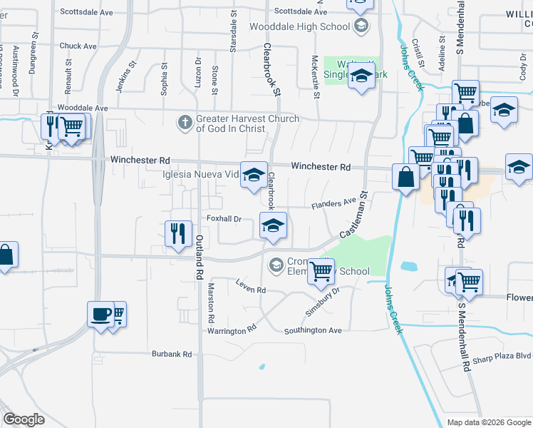 map of restaurants, bars, coffee shops, grocery stores, and more near 4921 Winchester Road in Memphis