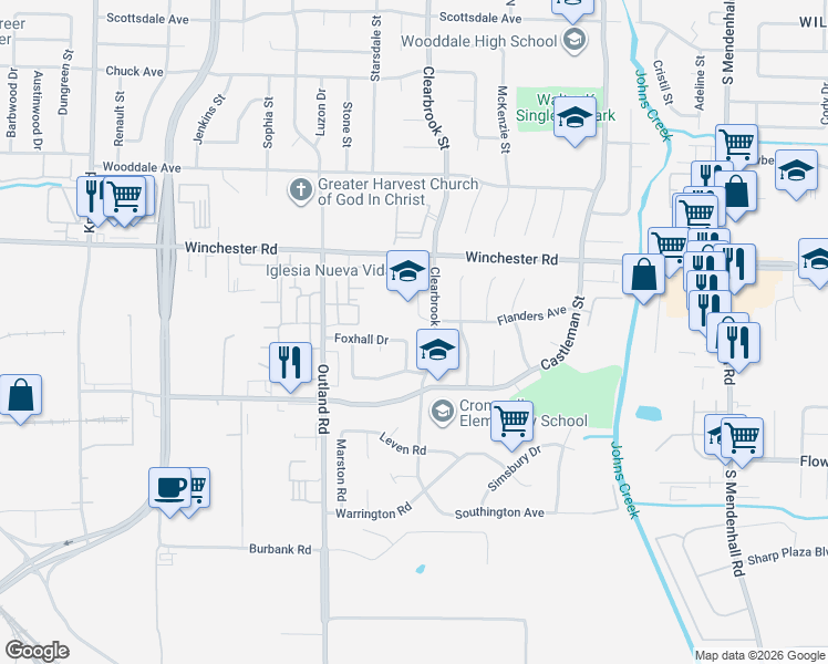 map of restaurants, bars, coffee shops, grocery stores, and more near 4921 Winchester Road in Memphis