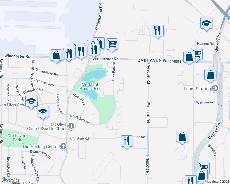 map of restaurants, bars, coffee shops, grocery stores, and more near 3666 Winpark Court in Memphis