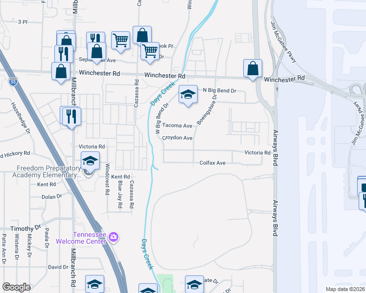 map of restaurants, bars, coffee shops, grocery stores, and more near 1961 Croydon Avenue in Memphis