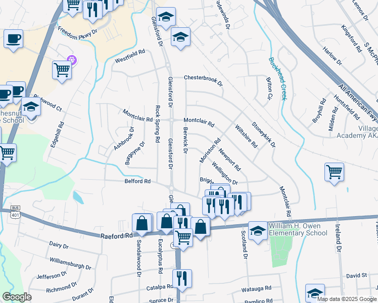 map of restaurants, bars, coffee shops, grocery stores, and more near 805 Berwick Drive in Fayetteville
