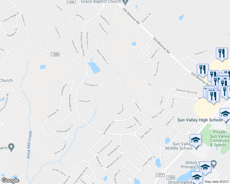 map of restaurants, bars, coffee shops, grocery stores, and more near 7034 Honey Tree Lane in Indian Trail