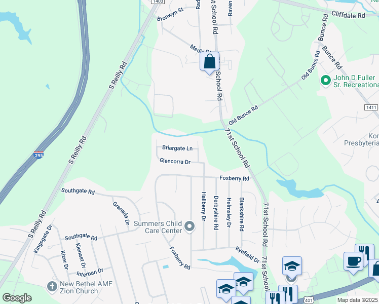 map of restaurants, bars, coffee shops, grocery stores, and more near 3815 Briargate Lane in Fayetteville