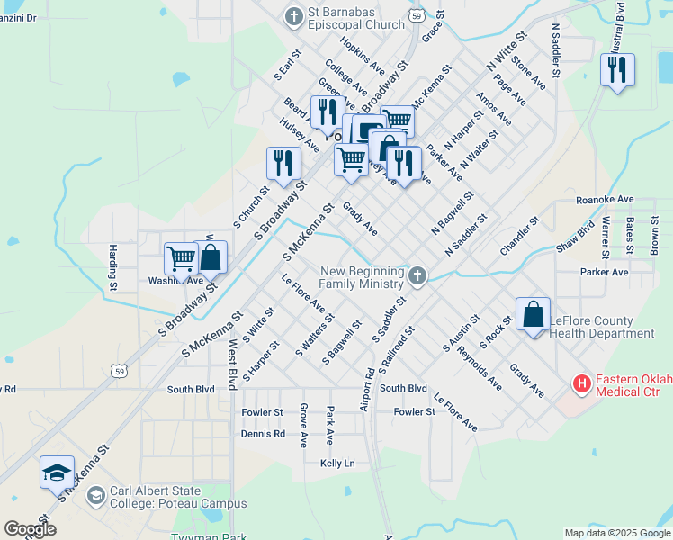 map of restaurants, bars, coffee shops, grocery stores, and more near 511 South Harper Street in Poteau