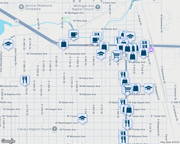 map of restaurants, bars, coffee shops, grocery stores, and more near 815 West Colorado Avenue in Chickasha